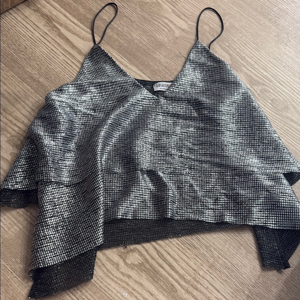 Fashion Nova Silver Asymmetrical Crop Camisole